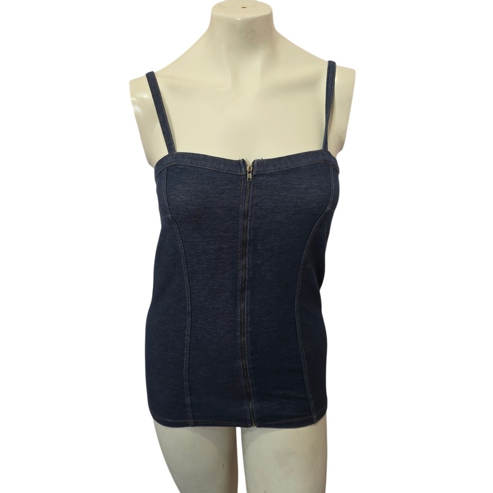 Poof Womens L Denim Corset Top Zip Front Spaghetti Strap Y2K Dark Wash Bustier